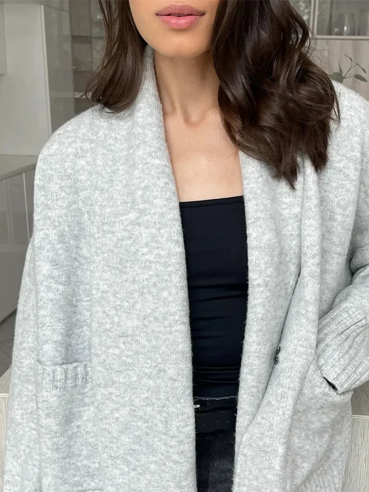 LIZAKOSHT  -  Elegant Solid Scarf Collar Knitted Cardigan Women Chic Full Sleeve With Pocket Loose Sweater New Autumn Lady Casual Street Wear