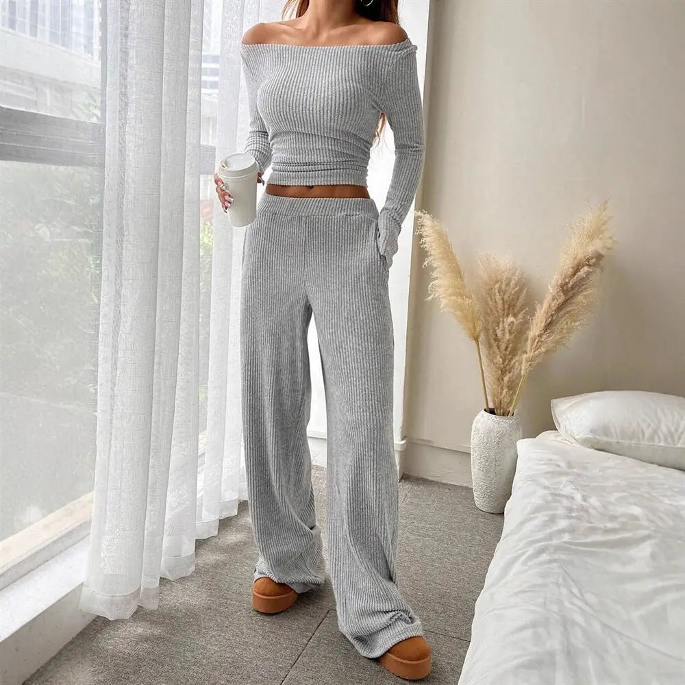 LIZAKOSHT  -  Fall Winter Women 2 Piece Set Solid Off Shoulder Long Sleeve Top Elastic Waist Wide Leg Pants Fashion Casual Outfit