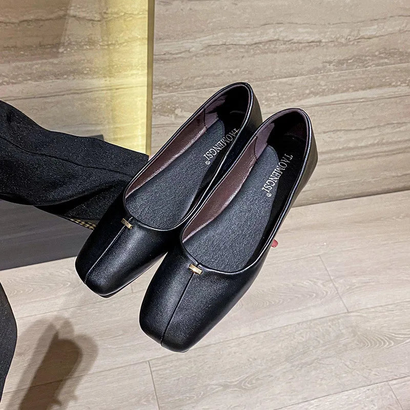 LIZAKOSHT -  brief style women moccasins meatal decoration slip on loafers square toe soft leather flats women working shoes big size 43
