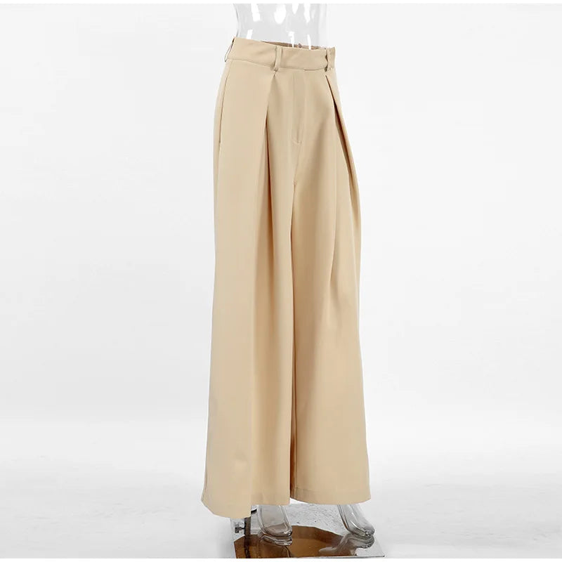 LIZAKOSHT  -  Casual Khaki Pleated Wide Legs Pants Women Chic High Waist Baggy Trousers Female 2025 Spring Summer New Fashion Office Pant