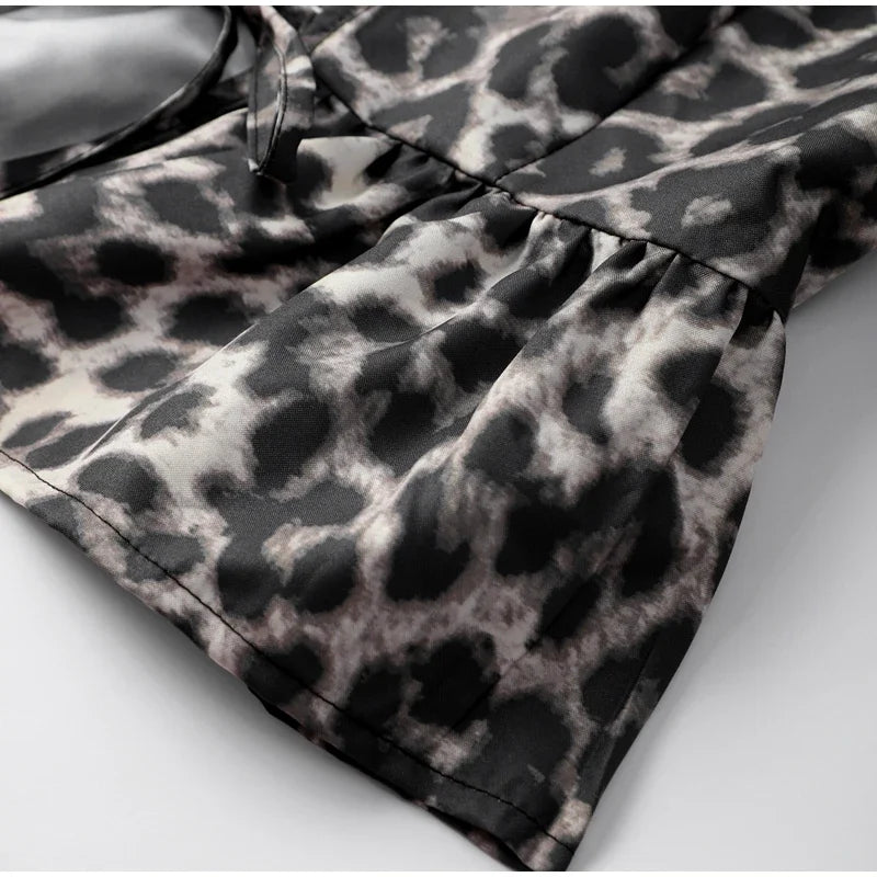 LIZAKOSHT  -  Sexy Leopard Print Bow Lace Up Hollow Out Shirts Women O-neck Ruffles Puff Short Sleeve Top Female Summer Lady Streetwear