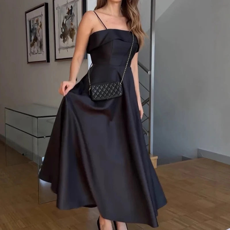 LIZAKOSHT  -  Sexy Waist Cinching Sleeveless Pleated Party Dress Leisure Ladies Solid Dresses French Style Vintage Satin Sling Evening Dresses