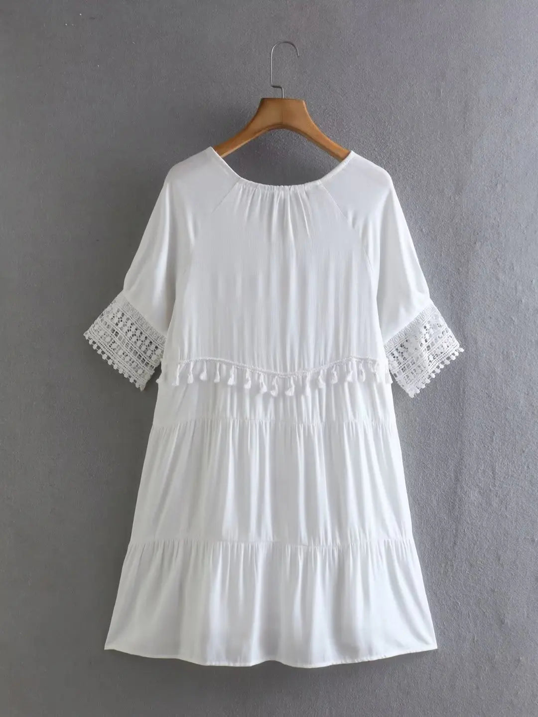 LIZAKOSHT  -  White Short Sleeve Lace Dress for Women Robe Casual Lace Up Tassel O-neck Mini Dresses Summer Boho Beach Wear Vestidos