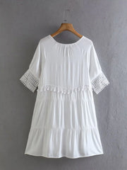 LIZAKOSHT  -  White Short Sleeve Lace Dress for Women Robe Casual Lace Up Tassel O-neck Mini Dresses Summer Boho Beach Wear Vestidos