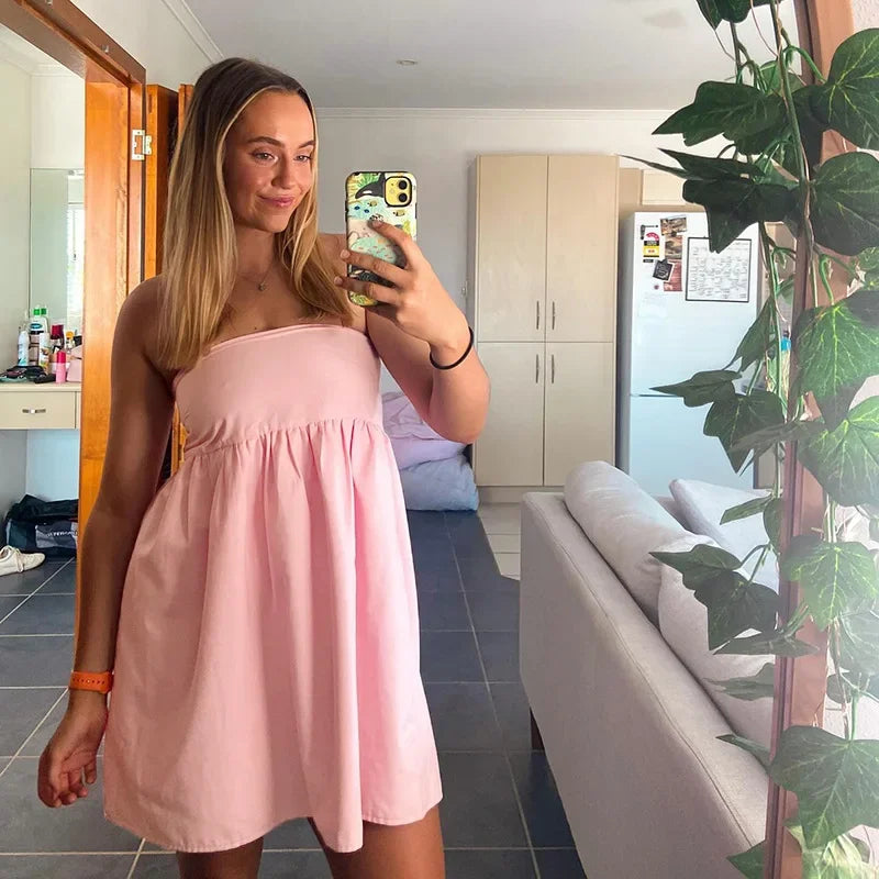 LIZAKOSHT  -  Elegant Solid Strapless Dress Women's Sleeveless Beach Vacation Short Dress Splice Off Shoulder Loose High Waist Clothing