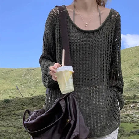 LIZAKOSHT  -  Outer Cover for Women 2024 Spring Summer Thin Long Lazy Air Conditioning Sweater Premium Top Long Sleeve Hollow Knitted Sweater