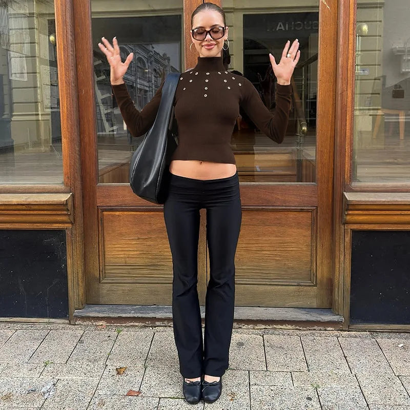 LIZAKOSHT  -  Woman Clothes Ribbed T-shirt Fashion Casual Half High Collar Buttons Cropped Tops High Street Female Long Sleeve T Shirts