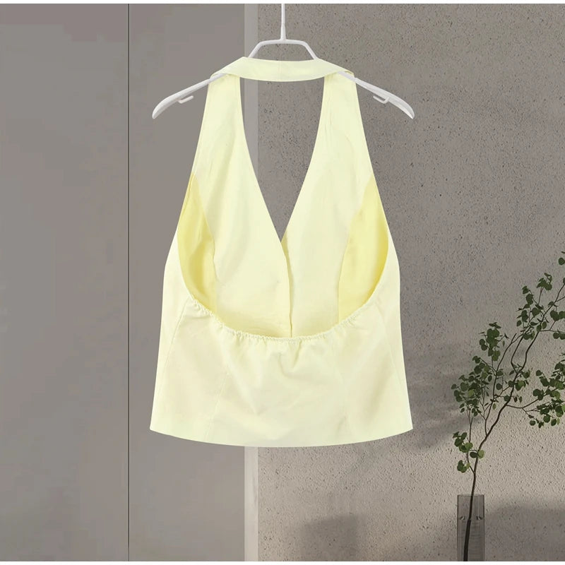 LIZAKOSHT  -  Fashion Halter Women's Two Piece Suit V-neck Sleeveless Single Breasted  Backless Top Short Pants 2025 Summer Lady Causal Outfit