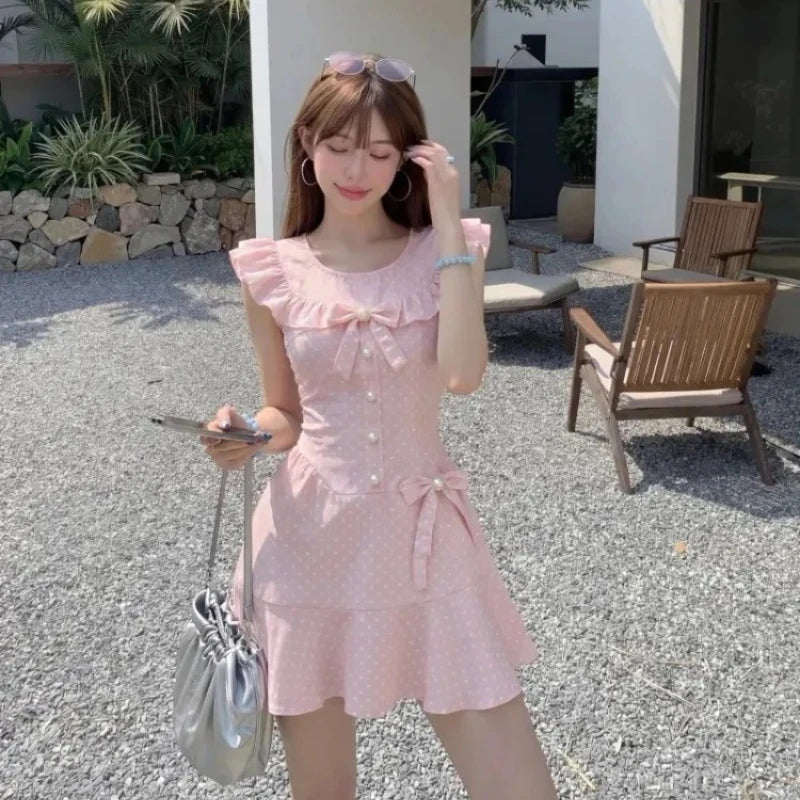 LIZAKOSHT  -  2000s Harajuku Vintage Lolita Dress Y2k Japanese Kawaii Sweet Polka Dot Flying Sleeve Short Party Dress One Piece Dress Korean
