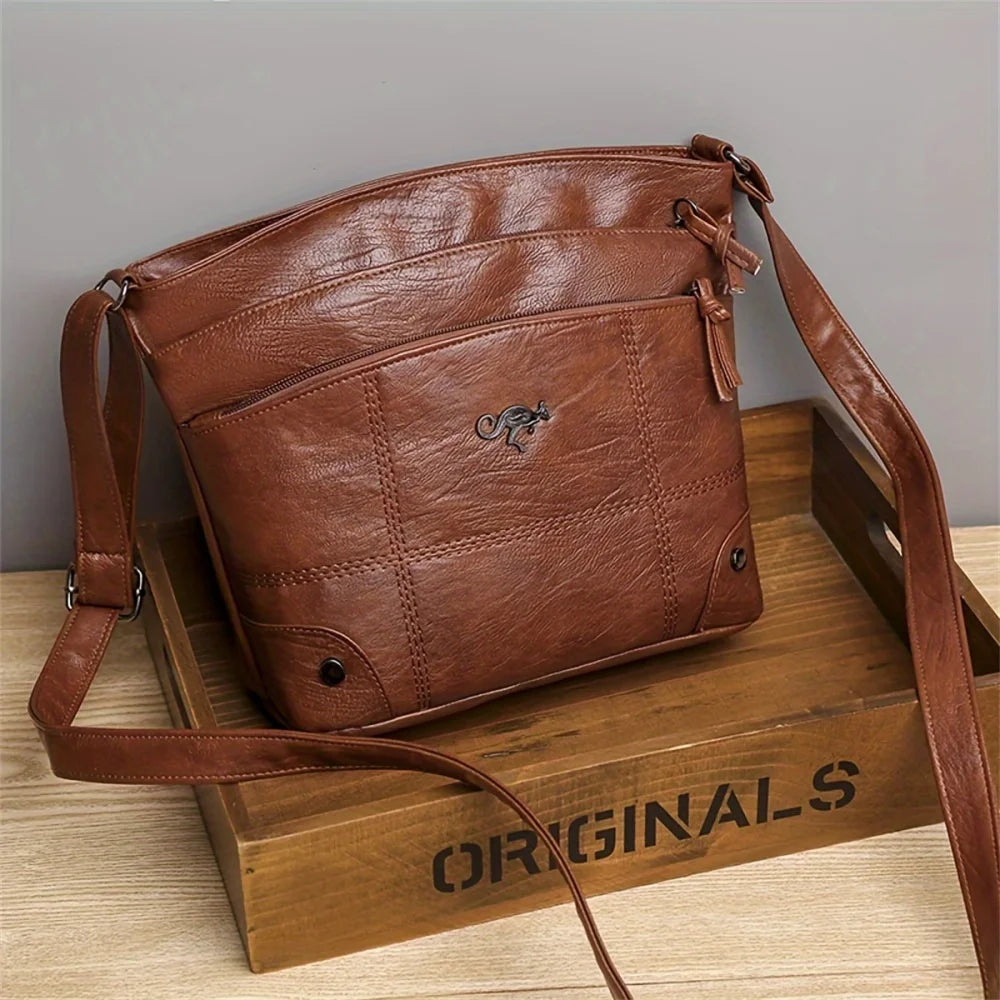 LIZAKOSHT  -  Soft Leather Messenger Bag Font Pocket Large Capacity Shoulder Bag Brown Simple Smartphone Bags