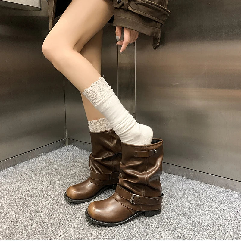 LIZAKOSHT  -  Autumn Winter Women Western Ankle Boots Fashion Belt Buckle Thick Heel Shoes Ladies Elegant Party Dress Short Booties