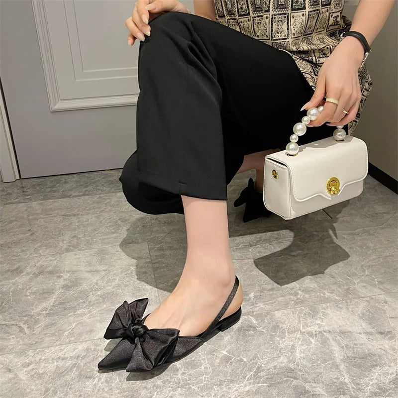 LIZAKOSHT -  New Fashion Shallow Mouth Toe Cap Toe Bow Korean Version Flat Sandals Back Empty Women's Shoes