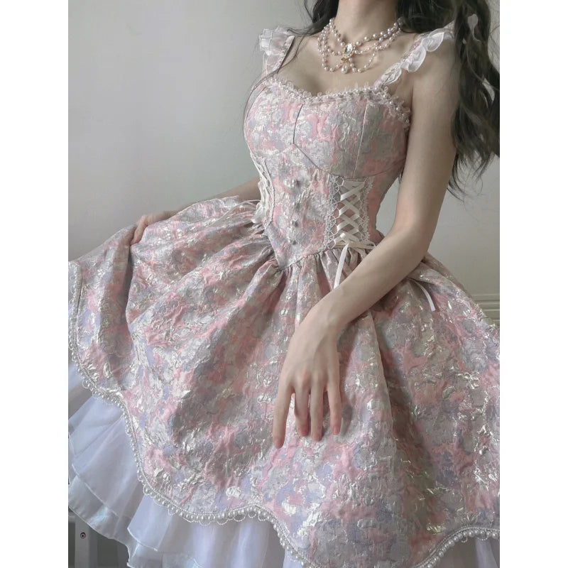 LIZAKOSHT  -  Victorian Vintage Lolita Dress Sweet Elegant Women Lace Ruffles Pearl Slim Bandage Princess Dresses Female Cute Party Mini Dress