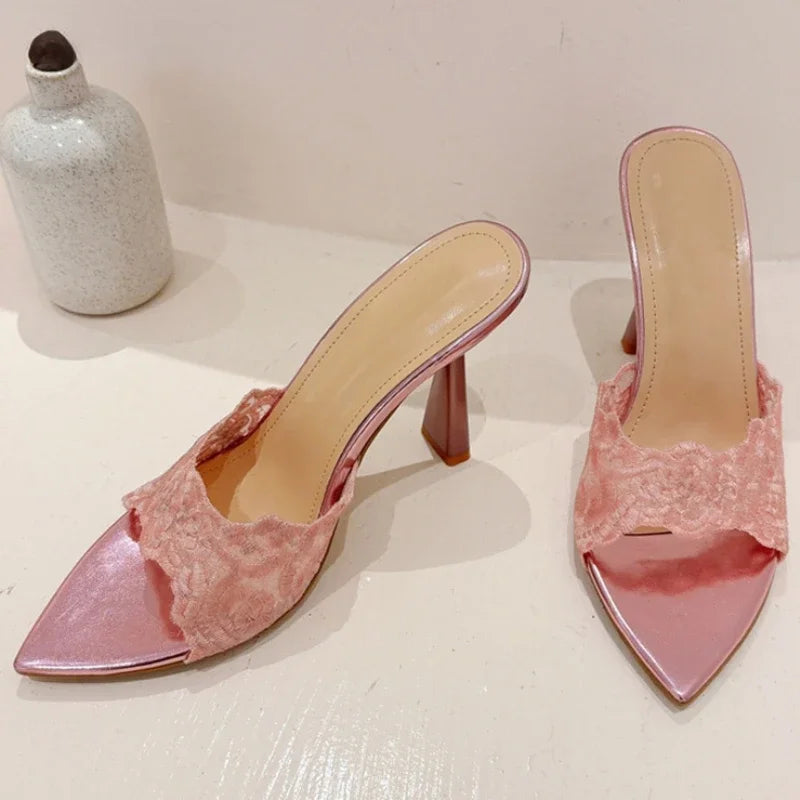 LIZAKOSHT  -  Embroidery Designer High Heels Slippers Women Sexy Pointed Toe Party Dress Shoes Summer Elegant Fashion Thin Heels Sandals Women