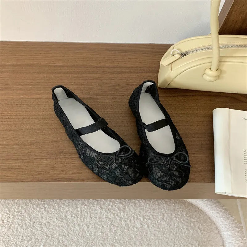LIZAKOSHT  -  Summer Mesh Lace Women Flat Shoes Fashion Round Toe Ladies Elegant Street Style Ballerina Shoes Comfort Soft Single Shoes
