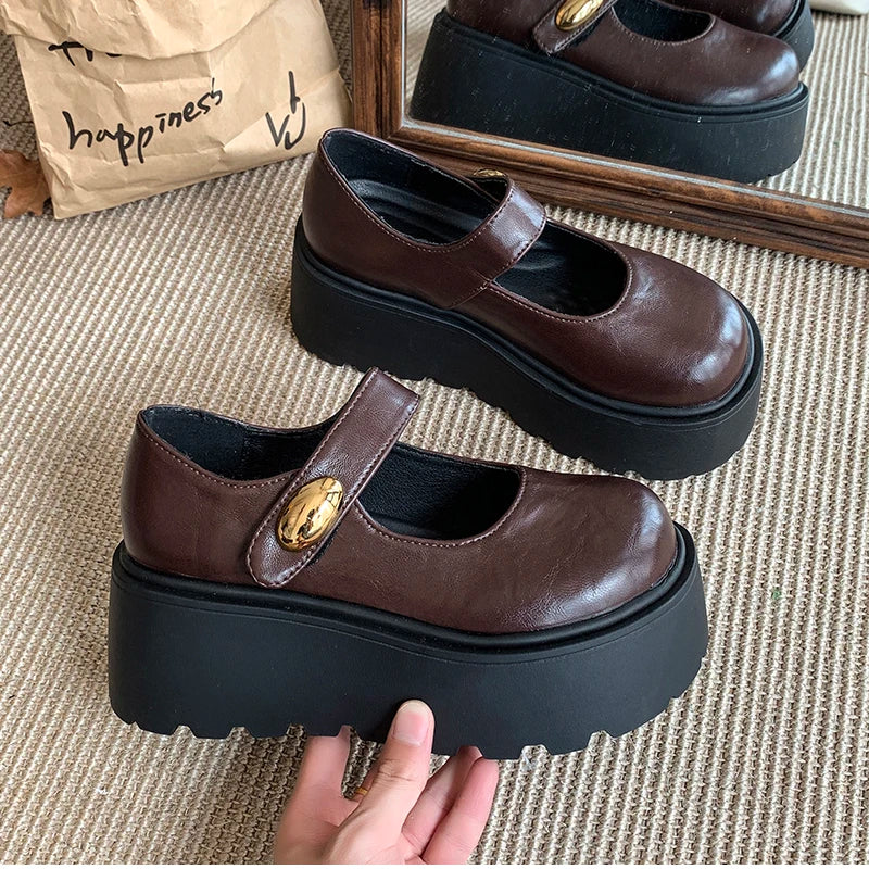 LIZAKOSHT  -  Autumn Vintage Platform Women Mary Jane Shoes  Fashion Outdoor Stripper Shoes Ladies Thick High Heels jk Leather Pumps