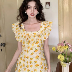 LIZAKOSHT  -  French Floral Dress Female Summer Slim Square Collar Temperament Ruffled Long Skirt