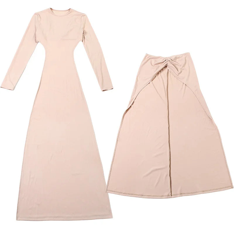 LIZAKOSHT  -  Fashion Women 2 Piece Set O Neck Long Sleeve Backless Asymmetrical Extra Long T-shirts Tops + Ruched Bodycon Maxi Skirts Suits