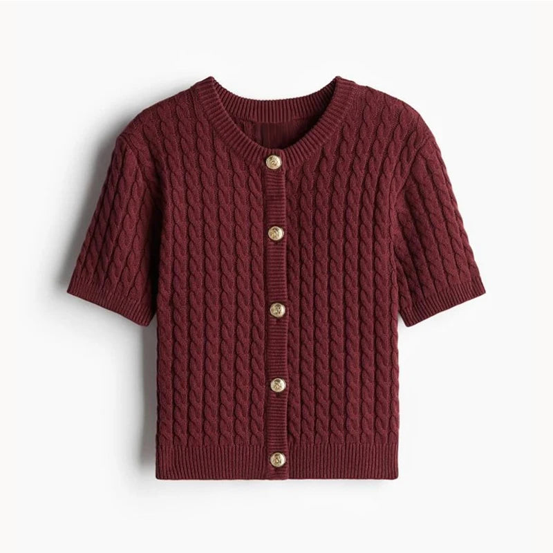 LIZAKOSHT  -  Elegant Knitted Single Breasted Cardigan Women Casual O-neck Short Sleeve Sweater Sweater 2025 Spring All-match Lady Knitwear