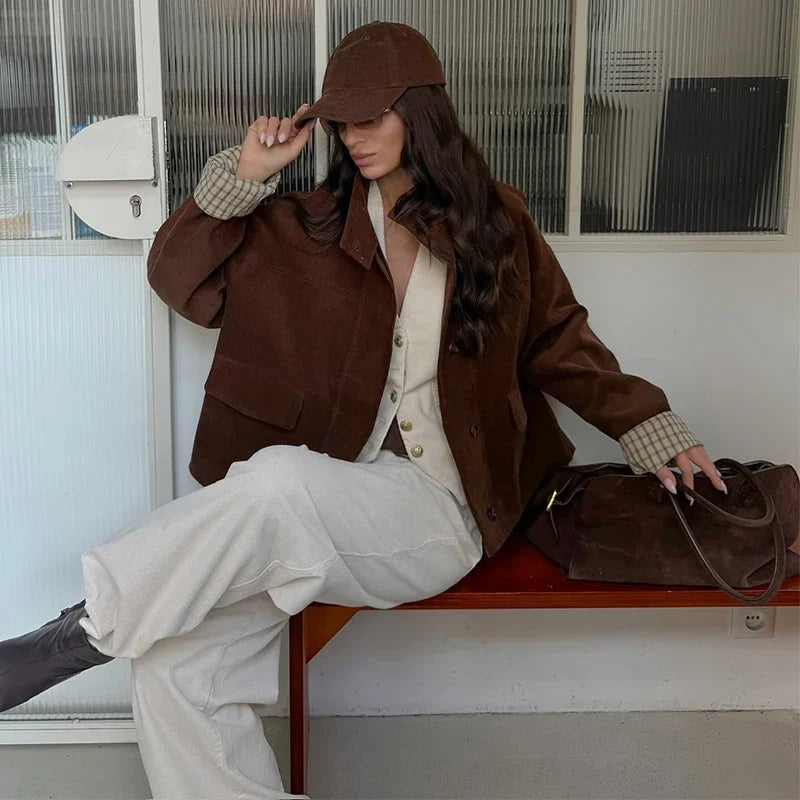 LIZAKOSHT  -  Autumn Chic Plaids Linen Solid Corduroy Coats Elegant Female Stand Collar Zipper Long Sleeves Jacket Fashion Lady Street Outwear