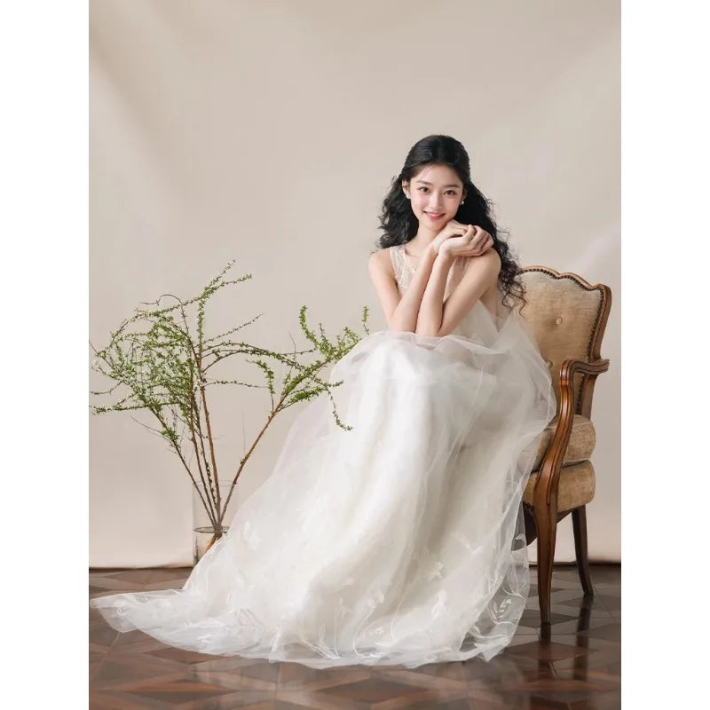 LIZAKOSHT  -  Spring/Summer High Order Dresses Round Neck Sleeveless White Dress Tulle Pattern Loose Birthday Party Vestidos De Fiesta