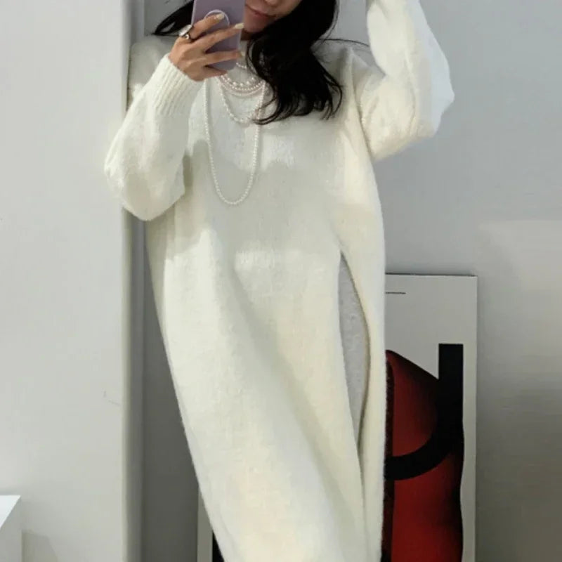 LIZAKOSHT  -  Winter Women Knitted Dress y2k V Neck Sexy Slim Elastic Oversized Basic Bodycon Sweater Dress Winter knit Autumn Warm Long Dress