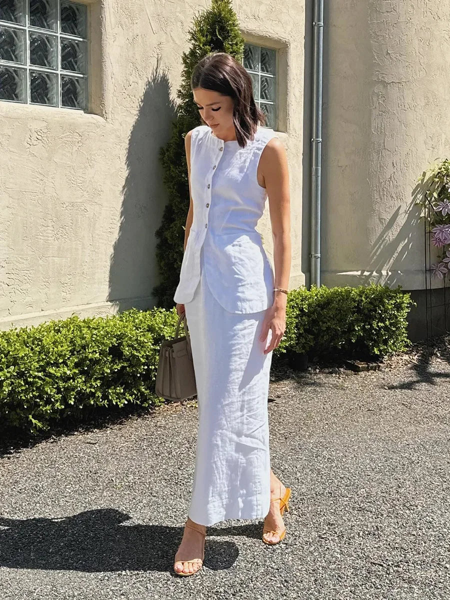 LIZAKOSHT  -  Women's Sleeveless Vest High Waisted Skirt 2-Piece Set Spring Summer New Linen Casual Suit Fashion Office Lady Vest Set