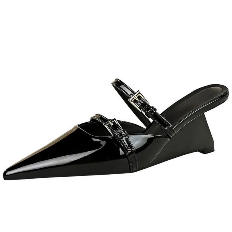 LIZAKOSHT  -  Designer Wedge Heels Patent Leather Pointed Toe Muller Pumps Women Elegant Slingback Sandal Female Fashion Female Heels Slippers