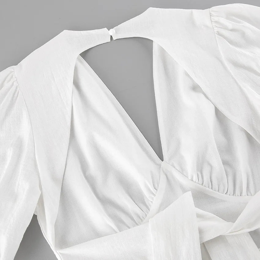 LIZAKOSHT  -  White Backless Summer Dress For Women Short Sleeve Slim V-Neck High Waist Elegant Commute Dress Female Bandage Long Dress