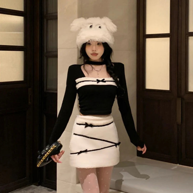 LIZAKOSHT  -  Women Sexy Two Piece Sets Fall Winter Long Sleeve Hollow Out Patchwork Cropped Tops Fashion Bow Striped Hotsweet Sexy Mini Skirt