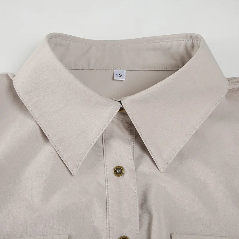 LIZAKOSHT  -  Harajuku Autumn Newly Pockets Flip Collar Buttons Long-sleeved Shirts Work Style Slimming Cardigant Top Blouses for Women