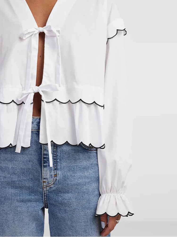 LIZAKOSHT  -  Casual Wave-edged Strap Blouse For Women V-neck Hollow Out Lace Up Ruffled Shirts Female Spring Summer New Chic Lady Tops