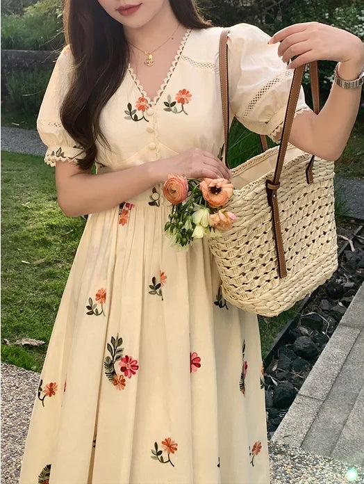 LIZAKOSHT  -  Franch Romantic Floral Print V-neck Midi Dress Women Summer Puff Sleeve High Waist Holiday Beach Dress Female Prairie Chic Dress