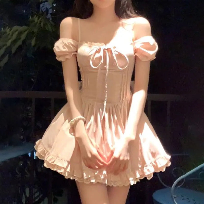 LIZAKOSHT  -  Sweet Hot Girl Pure Sexy Bow Square Collar Dress for Women's Summer Slim Fit A-line Short Dress Fashion Female Clothes