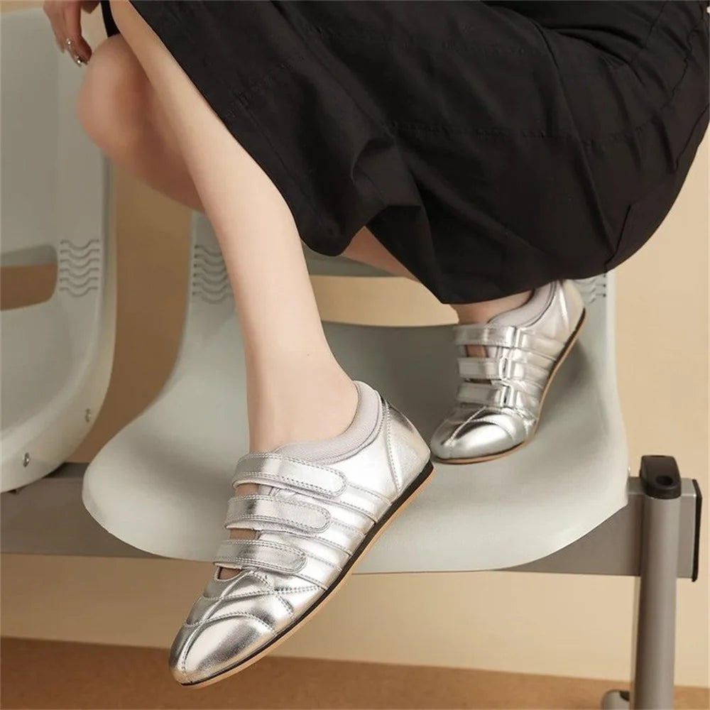 LIZAKOSHT  -  Brand Designer Comfy Walking Cream Flat Sneakers Fashion Leisure Silver Casual Shoes Women Flats Chic Black Hook&Loop Mary Janes
