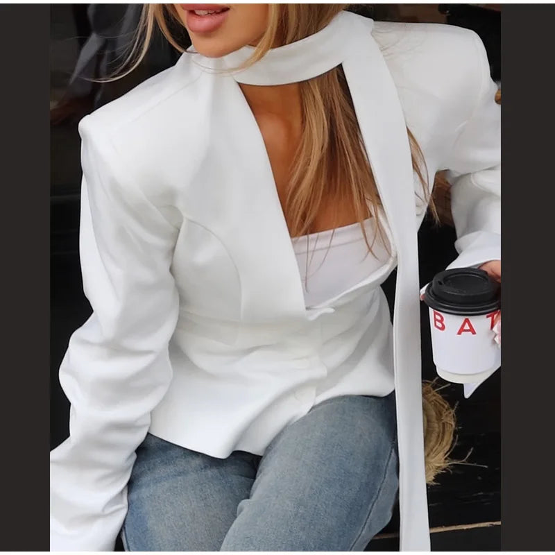 LIZAKOSHT  -  Elegant Ribbon Single Breasted Coat Women Fashion Solid V-neck Long Sleeve Pocket Jackets Female Autumn Chic Casual Streetwear