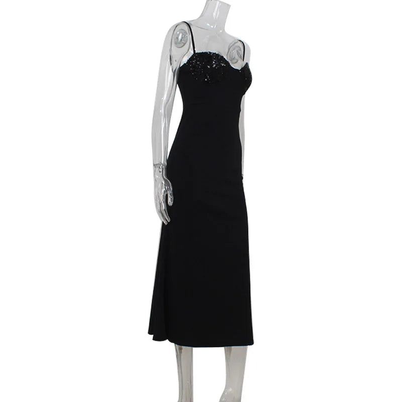 LIZAKOSHT  -  Women's New Fashionable and Elegant Sleeveless Strap with sequins Splicing Waist cinching and slimming Dress