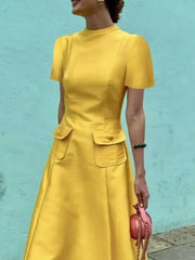 LIZAKOSHT  -  Female Stylish Selection Elegant Yellow Evening Dresses Women New Summer Short Sleeves Pockets Party A-Line Dress