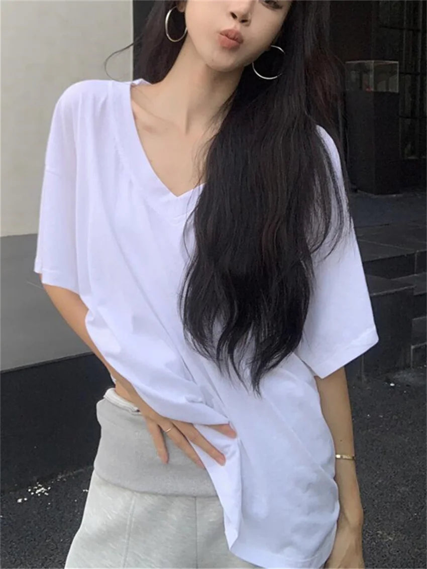 LIZAKOSHT  -  White Loose T-Shirts Fashion Women V-Neck Casual Summer 2024 Mujer Office Lady New Daily Chic High Street Tees