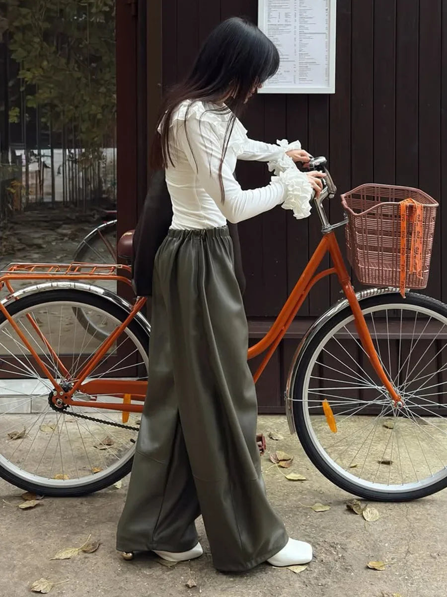 LIZAKOSHT  -  Womens Autumn Winter PU Lantern Pants Elegant Lazy Drawstring Casual Army Green Wide Leg Leather Pants