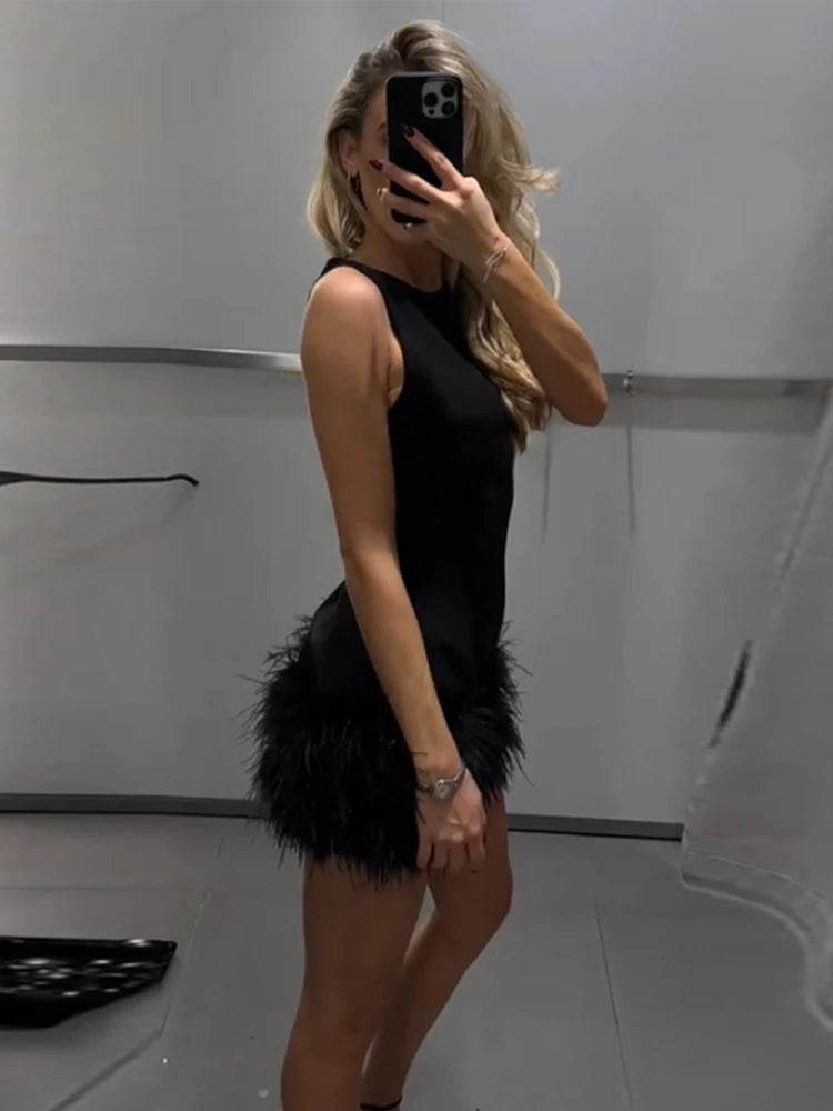 LIZAKOSHT  -  Sleeveless Feather Short Dress Black Women Socialite Party Evening Gown Round Neck Slim Fit Plush Ladies Fashion Slimming Dress