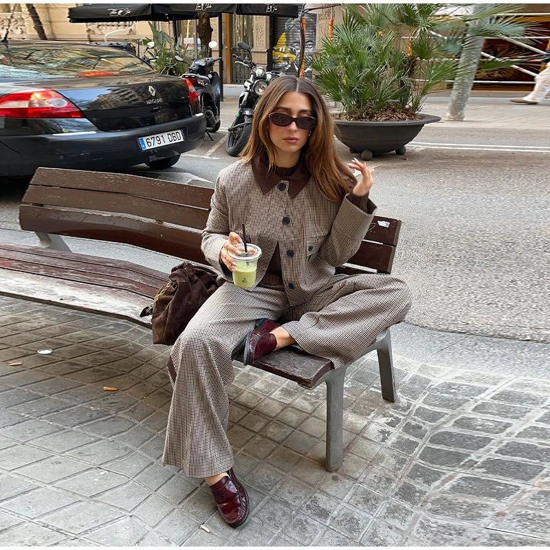 LIZAKOSHT  -  Plaid Short Jacket Pleated Skirt Set Women Chic Street Patchwork Collar Jackets Straight Pant 3 Piece Sets Lady Spring Outfit
