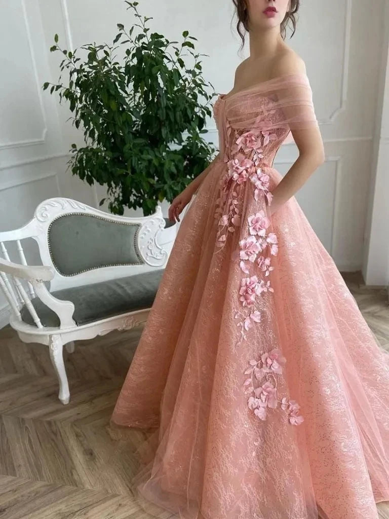 Lizakosht Off Shoulder Sweetheart 3D Flower Pleats Lace Pocket Tulle Prom Dresses Formal Wedding Party Gowns