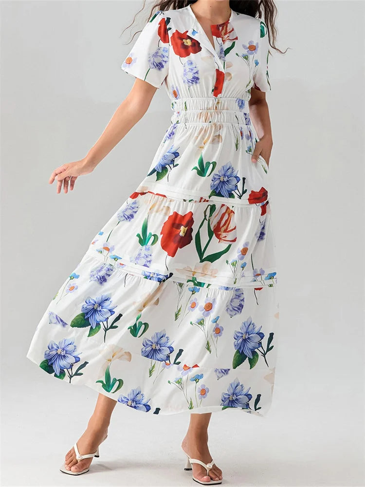 LIZAKOSHT  -  Fashion Women Long Maxi Dress High Waist V-Neck Short Flare Sleeve A-line Dresses with Pockets Female Beach Vestidos