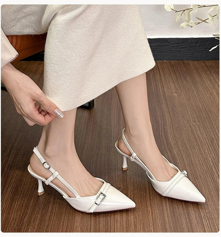 LIZAKOSHT  -  pointed toe japanned leather women sandals metal buckle slingback high heels summer shoes woman cutout sandalias de tacón