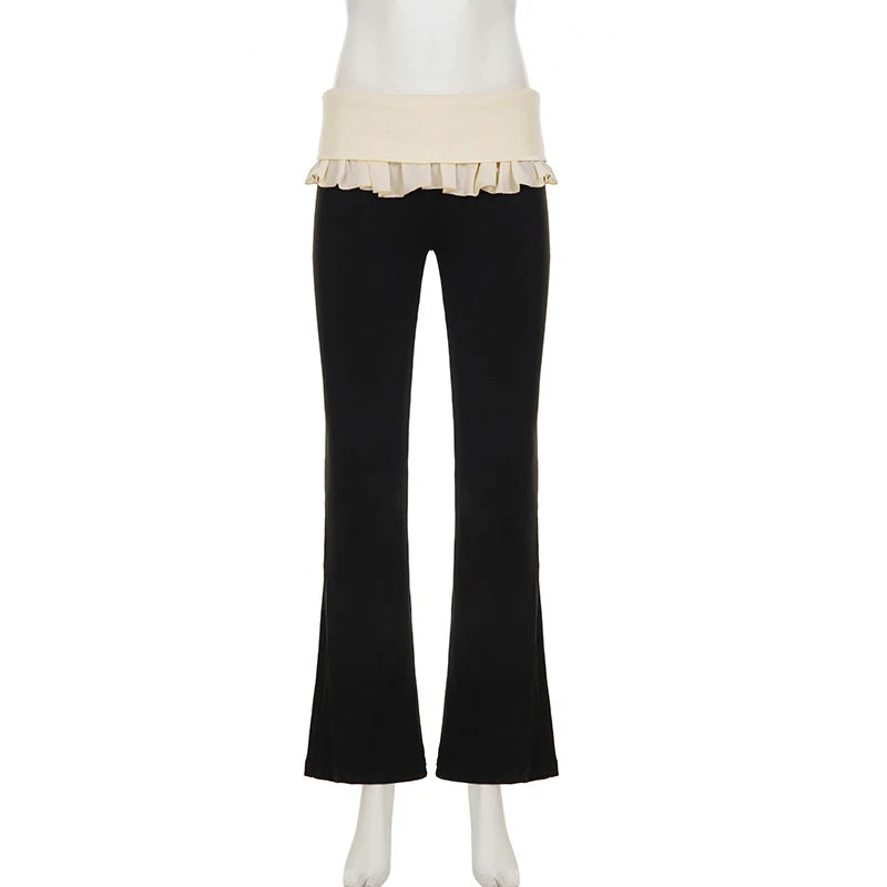LIZAKOSHT  -  Y2K Cute Casual Skinny Ruffles Pleated Design High Waisted Knitting Flare Pants Contrasting Color Bottoms Hottie Streetwear
