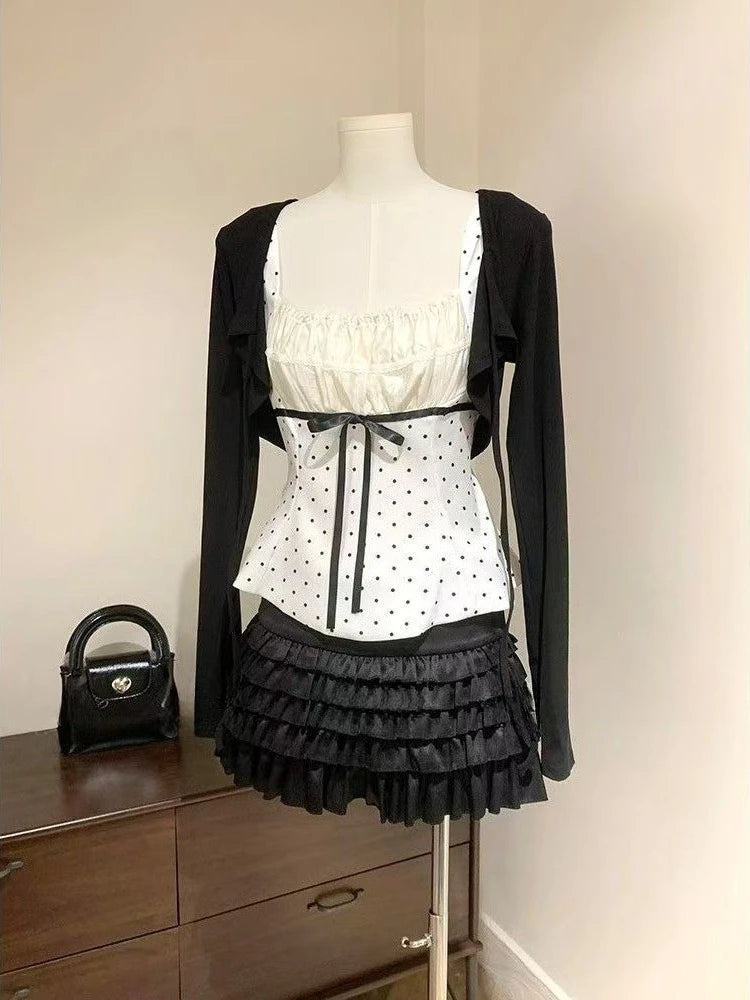 LIZAKOSHT  -  Korean Fashion Sweet Summer Design Polka Dot Sling Vest + Black Cardigan + High-waist Short Skirt 2-piece Set Women's New