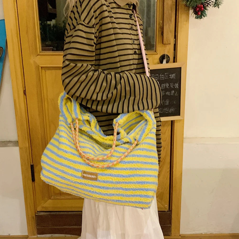 LIZAKOSHT  -  Striped Tote Bag For Women Cute Travel Plush Simple Shoulder Bag Fluffy Large Capacity Handbag For Winter