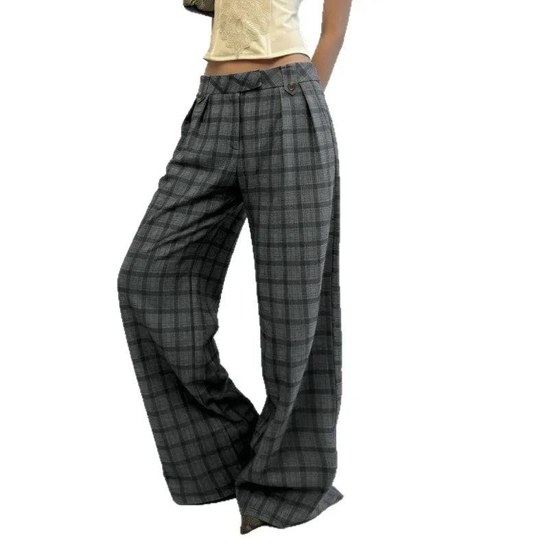 LIZAKOSHT  -  American Street Style High Waist Plaid Print Straight Casual Pants Spice Girl Design Sense Casual Versatile Knitted Suit Pants