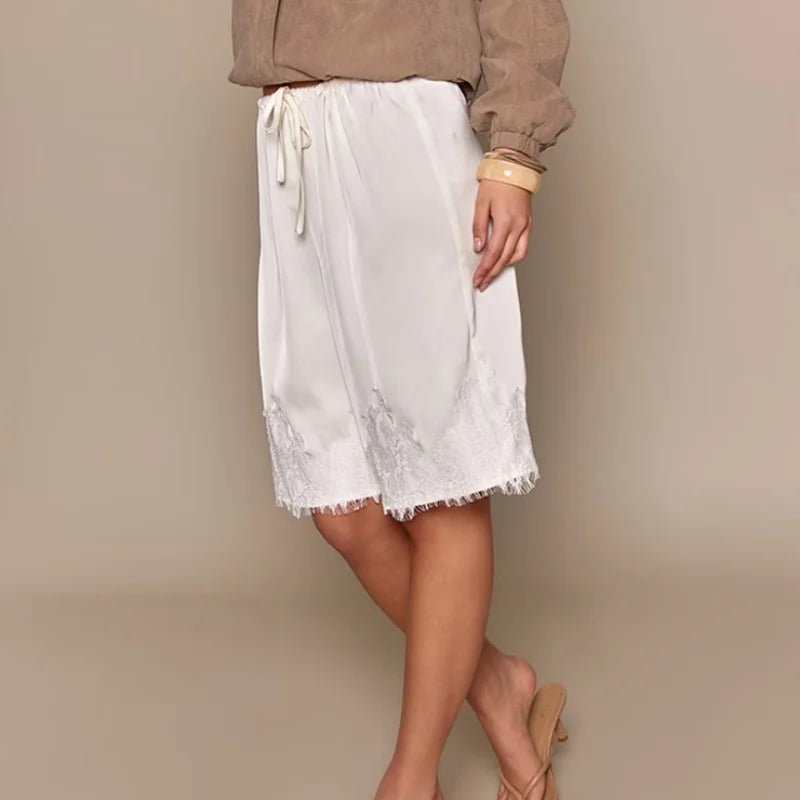 LIZAKOSHT  -  Women Satin Lace Trim Capri Pants Elastic Waisted Wide Leg Cropped Pants Slips Satin Bloomer Pettipants Shorts Y2k Streetwear